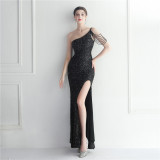 Beaded One-Shoulder Strap Slit Nightclub Evening Dress Formal Party Gown