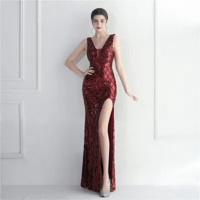 Sexy V-Neck Sleeveless Sequin Formal Party Dress Long Evening Dress