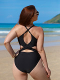 Solid Cross Back Cutout Plus Size One-Piece Swimsuit