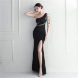 Beaded Bridesmaid Party Gown Sexy One Shoulder Long Evening Dress