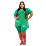Women's Plus Size Casual Letter Print Bright Short Sleeve Shorts Two-Piece Set