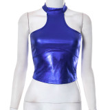 Women's Summer Solid Casual Hot Silver Low Back Sleeveless Halter Neck Slim Crop Top