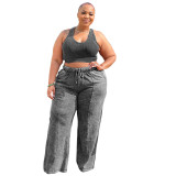 Women's Sleeveless Open Waist Bolero Elastic Waist Wide Leg Pants Plus Size Set