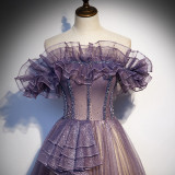Purple Evening Dress Summer Women Off Shoulder Elegant Chic Long Cantata Dress