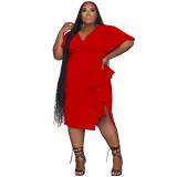 Chic Women's Solid Color V-neck Ruffle Slim Sexy Plus Size Dress