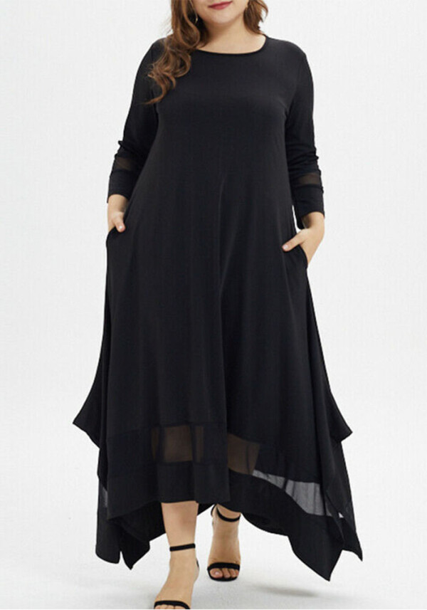 Spring Fall Plus Size Mesh Patchwork Dress Round Neck 3/4 Sleeve Maxi Dress