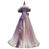Purple Evening Dress Summer Women Off Shoulder Elegant Chic Long Cantata Dress
