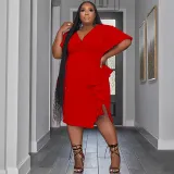 Chic Women's Solid Color V-neck Ruffle Slim Sexy Plus Size Dress