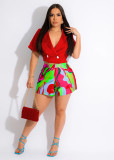 Women Short Sleeve Top and Print Blazer Shorts Two-Piece Set