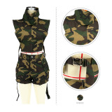 Women Summer Camouflage Pocket Top and Short Two-Piece Set