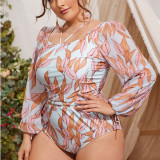 Plus Size Women Long Sleeve Printed One-Piece Swimwear