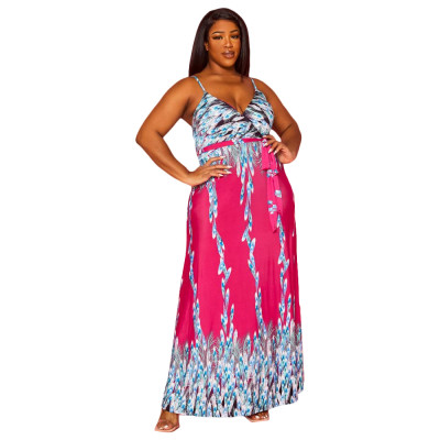 Women Printed Sling Crossover V-Neck Long Dress