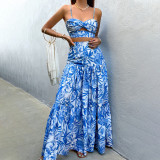 Women Printed Crop Top and Maxi Dress Two-Piece Set