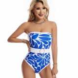 Women One-Piece Printed Mesh Blouse Strapless Swimwear