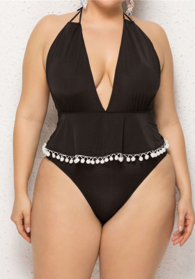 Plus Size Women Fringe Solid Backless One Piece Swimwear