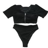 Plus Size Women Solid Zip Half Sleeve Bikini Swimwear