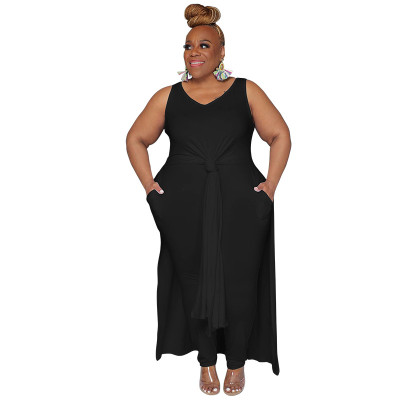 Plus Size Women Casual V Neck Slit Pocket Sleeveless Top and Solid Skirt Two-Piece Set