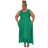 Plus Size Women Casual V Neck Slit Pocket Sleeveless Top and Solid Skirt Two-Piece Set