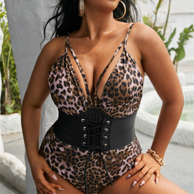Plus Size Women Leopard Print Backless Sexy One Piece Swimwear