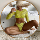 Women Long Sleeve Mesh Top Leopard Print Sexy Bikini Swimwear Three-Piece