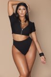 Plus Size Women Solid Zip Half Sleeve Bikini Swimwear