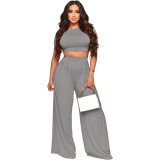 Women Crop Top and Solid Wide Leg Pants Two-Piece Set