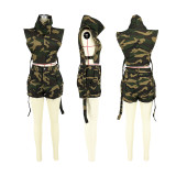 Women Summer Camouflage Pocket Top and Short Two-Piece Set