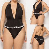 Plus Size Women Fringe Solid Backless One Piece Swimwear