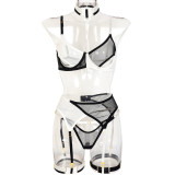 Black And White Contrast Color Elastic Mesh See-Through Sexy Underwear Three-Piece Lingerie