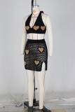 Women's Sexy Heart Print Jacquard Hollow Knitting Beach Fashion Two Piece Skirt Set
