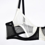 Black And White Contrast Color Elastic Mesh See-Through Sexy Underwear Three-Piece Lingerie