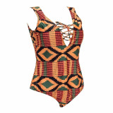 Plus Size Swimsuit African Style One-Piece Print Lace-Up Bathing Suit