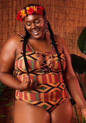 Plus Size Swimsuit African Style One-Piece Print Lace-Up Bathing Suit