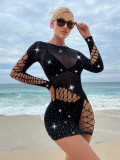 Sexy Long Sleeve See-Through Beaded Sexy Lingerie Women Bright Diamond Bodycon Tight Fitting Mesh Dress
