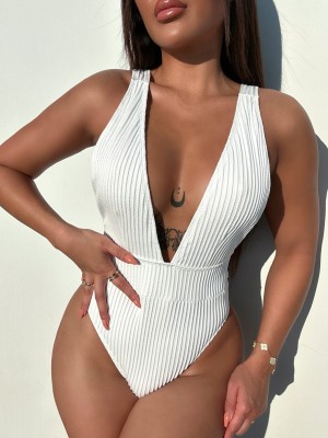 Solid Color One Piece Swimsuit Sexy V-Neck Bathing Suit