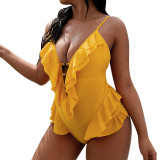 Women's Plus Size One-Piece Swimsuit Solid Color Ruffled Low Back Bathing Suit