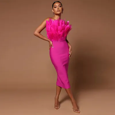 Fashion Dress Strapless Feather Chic Bandage Dress Women