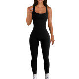 Women's Solid Color Sleeveless Straps Ribbed Square Neck Low Back Butt Lift Slim Sport Jumpsuit