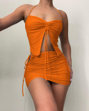 Women's Clothes Sexy Fashion Solid Halter Drawstring Two-Piece Skirt Set