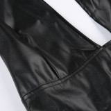Pu Leather V-Neck Lace-Up Halter Neck Sleeveless Jumpsuit Nightclub Slim Low Back Sexy Shorts