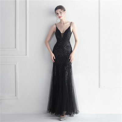 Sequin mesh sexy sling event long evening dress