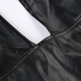 Pu Leather V-Neck Lace-Up Halter Neck Sleeveless Jumpsuit Nightclub Slim Low Back Sexy Shorts