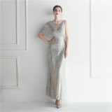 Beaded Ruffle Sleeve Mesh See-Through Bridesmaid Etiquette Celebration Dinner Long Evening Gown