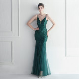 Sequin mesh sexy sling event long evening dress