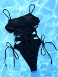 One-piece bikini solid color cutout Lace-Up swimsuit