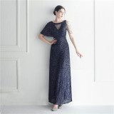 Beaded Ruffle Sleeve Mesh See-Through Bridesmaid Etiquette Celebration Dinner Long Evening Gown