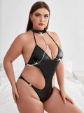 Plus Size PU Leather Cut Out Teddy Lingerie
