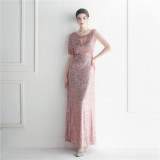 Beaded Ruffle Sleeve Mesh See-Through Bridesmaid Etiquette Celebration Dinner Long Evening Gown