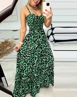 Summer Leopard Print V Neck Dress High Waist Sexy Chic Fashion Long Dress