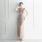 Beaded Ruffle Sleeve Mesh See-Through Bridesmaid Etiquette Celebration Dinner Long Evening Gown